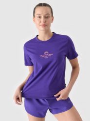 4F T-shirt regular z nadrukiem damski - fioletowy XS. Fioletowe t-shirty damskie 4F, xs, bez wzorów, z bawełny, klasyczne, bez kołnierzyka, bez ramiączek. W wyprzedaży za 29.99 zł.