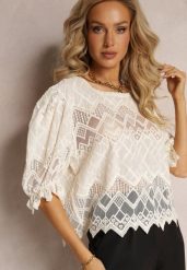Beżowa Bluzka z Haftem i Krótkim Rękawem Huki. Brązowe bluzki damskie Renee, bez wzorów, z tkaniny, boho, bez kołnierzyka, bez ramiączek. Za 84.99 zł.