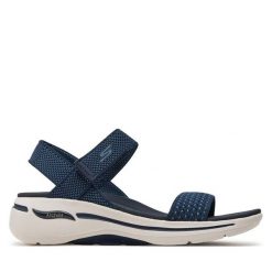 Sandały Skechers. Niebieskie sandały damskie Skechers, bez wzorów, bez obcasa, na płaskiej podeszwie, bez zapięcia. Za 229.99 zł.