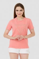GUESS Różowy t-shirt Vintage Logo. Czerwone t-shirty damskie Guess, s, z aplikacjami, vintage, bez kołnierzyka, bez ramiączek. W wyprzedaży za 151.99 zł.