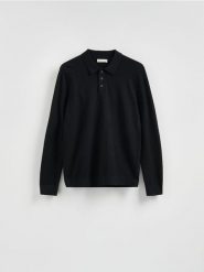 Sweter polo z bawełną - czarny. Czarne swetry męskie Reserved, l, bez wzorów, z bawełny, bez kołnierzyka, bez ramiączek. Za 119.99 zł.