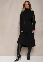 Czarna Pudełkowa Sukienka Sweterkowa z Wiskozą i Golfem Rinnine. Czarne sukienki damskie Renee, na co dzień, bez wzorów, z wiskozy, eleganckie, bez kołnierzyka, bez ramiączek, maxi. Za 99.99 zł.