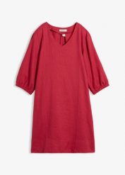 Sukienka z czystego lnu, rękawy 3/4. Czerwone sukienki damskie bonprix, na lato, bez wzorów, ze lnu, bez kołnierzyka, bez ramiączek, mini. Za 279.99 zł.