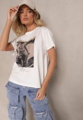 Biały Bawełniany T-shirt z Brokatem i Nadrukiem Nalamis. Białe t-shirty damskie Renee, m, z aplikacjami, z bawełny, eleganckie, bez kołnierzyka, bez ramiączek. Za 34.99 zł.