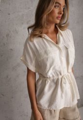 Beżowa Koszula na Lato z Troczkiem w Pasie i Kieszonkami Phellasia. Brązowe koszule damskie Renee, m, bez wzorów, z jeansu, casualowe, bez kołnierzyka, bez ramiączek. Za 89.99 zł.