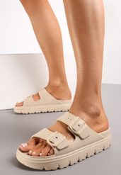 Beżowe Klapki z Regulowanymi Paskami na Platformie Idama. Brązowe klapki damskie Renee, na lato, bez wzorów, eleganckie, bez obcasa, na platformie, bez zapięcia. Za 19.99 zł.