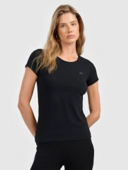 4F T-shirt slim gładki damski M. Czarne t-shirty damskie 4F, m, bez wzorów, z bawełny, biznesowe, bez kołnierzyka, bez ramiączek. W wyprzedaży za 29.99 zł.