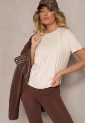 Beżowy Casualowy T-shirt z Wiskozy Arisanda. Brązowe t-shirty damskie Renee, m, bez wzorów, z jeansu, eleganckie, bez kołnierzyka, bez ramiączek. Za 44.99 zł.