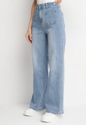 Niebieskie Szerokie Jeansy z Bawełną i Wysokim Stanem Elanilena. Niebieskie jeansy damskie Born2be, bez wzorów, z bawełny, eleganckie, z podwyższonym stanem. Za 49.99 zł.