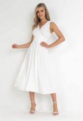 Biała Sukienka Midi Bez Rękawów z Plisowanym Dołem Dreana. Białe sukienki damskie Born2be, na imprezę, l, bez wzorów, eleganckie, bez kołnierzyka, bez ramiączek, midi, plisowane. Za 169.99 zł.