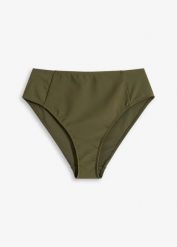 Figi bikini z wysoką talią i wysokim wycięciem nogawek. Zielone bikini bonprix, bez wzorów. Za 32.99 zł.