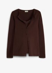 Kardigan ciążowy 2 w 1, z funkcją do karmienia. Brązowe kardigany damskie bonprix, bez wzorów, z koronki, bez kołnierzyka, moda ciążowa. Za 119.99 zł.