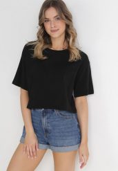 Czarny Krótki T-shirt Oversize Lilu. Czarne t-shirty damskie Born2be, l, bez wzorów, z bawełny, eleganckie, bez kołnierzyka, bez ramiączek. Za 29.99 zł.