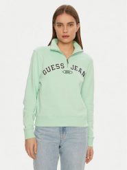 Guess Jeans Bluza W5RQ25 K68I4 Zielony Regular Fit. Zielone bluzy damskie Guess Jeans, xl, z aplikacjami, z bawełny, bez ramiączek, bez kaptura. Za 219.99 zł.