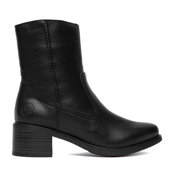 Botki Rieker. Czarne botki damskie Rieker, bez wzorów, bez obcasa, na słupku, bez zapięcia. Za 379.99 zł.