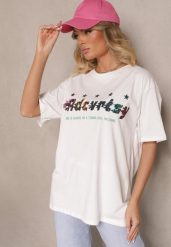Biały T-shirt Oversize Ozdobiony Napisem i Kolorowymi Gwiazdami Ilamora. Białe t-shirty damskie Renee, l, bez wzorów, z jeansu, eleganckie, bez kołnierzyka, bez ramiączek. Za 39.99 zł.