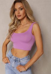 Fioletowy Tank Top z Elastycznej Bawełny z Głębokim Dekoltem Omaliana. Fioletowe topy damskie Renee, l, bez wzorów, z bawełny, bez kołnierzyka, bez ramiączek. Za 14.99 zł.