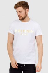 BALMAIN Biały t-shirt męski ze złotym logo. Białe t-shirty męskie Balmain, l, bez wzorów, bez kołnierzyka, bez ramiączek. W wyprzedaży za 1,099.99 zł.