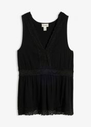 Top z koronką. Czarne topy damskie bonprix, bez wzorów, z koronki, eleganckie, bez kołnierzyka, bez ramiączek. Za 37.99 zł.