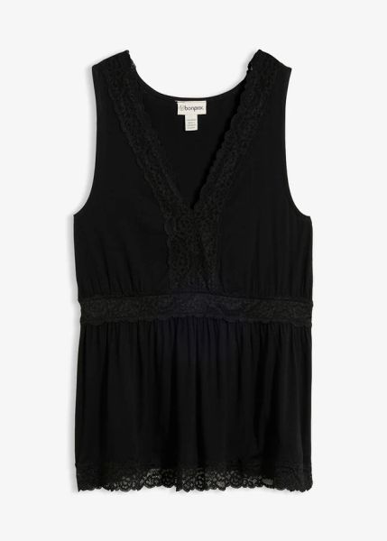 Top z koronką. Czarne topy damskie bonprix, bez wzorów, z koronki, eleganckie, bez kołnierzyka, bez ramiączek. Za 37.99 zł.
