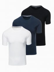 Zestaw męskich t-shirtów z okrągłym dekoltem – biały/granatowy/czarny V2 Z102 - XXL. Białe t-shirty męskie Ombre Clothing, l, bez wzorów, z bawełny, bez kołnierzyka, bez ramiączek. W wyprzedaży za 139.99 zł.