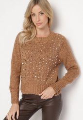Brązowy Sweter z Bawełną Ozdobiony Cekinami Savalenne. Brązowe swetry nierozpinane damskie Born2be, z aplikacjami, z bawełny, klasyczne, bez kołnierzyka, bez ramiączek. Za 74.99 zł.