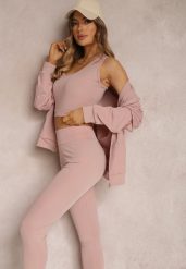 Jasnoróżowy Komplet Dresowy 3-częściowy z Legginsami Bluzą i Topem Heri. Czerwone bluzy damskie Renee, l, bez wzorów, z dresówki, sportowe, bez ramiączek, z kapturem. Za 69.99 zł.