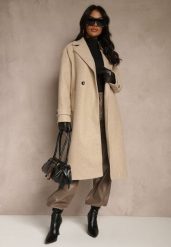 Beżowy Elegancki Płaszcz z Wełny i Wiskozy o Dwurzędowym Kroju Oversize Tilisana. Brązowe płaszcze damskie Renee, s, bez wzorów, z poliesteru, eleganckie, bez kołnierzyka, bez kaptura. Za 279.99 zł.