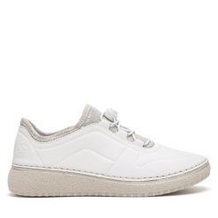 Półbuty Rieker. Białe półbuty damskie Rieker, bez wzorów, bez obcasa, na płaskiej podeszwie, bez zapięcia. Za 349.99 zł.