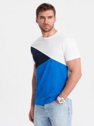 T-shirt męski trójkolorowy bawełniany - biało-niebieski V4 - Rozmiar: L. Białe t-shirty męskie Ombre Clothing, l, bez wzorów, z bawełny, bez kołnierzyka, bez ramiączek. W wyprzedaży za 35.00 zł.