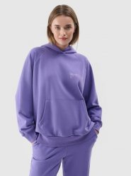 4F Bluza dresowa nierozpinana z kapturem damska - fioletowa XL. Fioletowe bluzy damskie 4F, xl, bez wzorów, z bawełny, klasyczne, bez ramiączek, z kapturem. Za 79.99 zł.