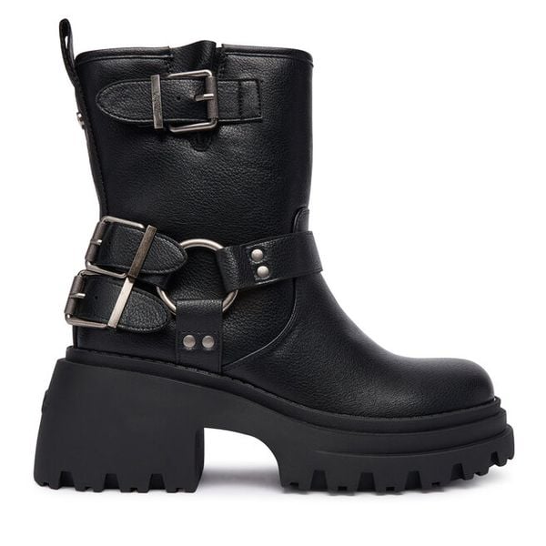 Botki Buffalo. Czarne botki damskie Buffalo, bez wzorów, bez obcasa, na słupku, bez zapięcia. Za 319.99 zł.