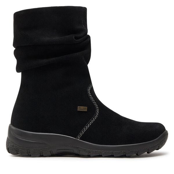 Trzewiki Rieker. Czarne botki damskie Rieker, bez wzorów, bez obcasa, na płaskiej podeszwie, bez zapięcia. Za 279.99 zł.