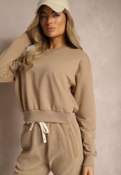 Ciemnobeżowa Bluza z Bawełną ze Ściągaczami przy Rękawach i w Pasie Alberia. Brązowe bluzy damskie Renee, l, bez wzorów, z bawełny, casualowe, bez ramiączek, bez kaptura. Za 24.99 zł.