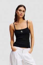 KARL LAGERFELD Сzarny damski top Ikon Patch Tank Top. Czarne topy damskie KARL LAGERFELD, s, bez wzorów, bez kołnierzyka, bez ramiączek. W wyprzedaży za 249.99 zł.