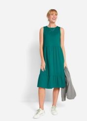 Sukienka z dżerseju z czystej bawełny. Niebieskie sukienki damskie bonprix, bez wzorów, z bawełny, eleganckie, bez kołnierzyka, bez ramiączek. Za 74.99 zł.