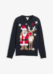 Sweter z bożonarodzeniowym motywem. Niebieskie swetry męskie bonprix, m, bez wzorów, bez kołnierzyka, bez ramiączek. Za 129.99 zł.