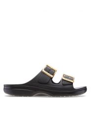 Crocs Klapki Saturday Sandal Metallic Buckle 213316 Czarny. Czarne klapki damskie Crocs, bez wzorów, z tworzywa sztucznego, bez obcasa, bez zapięcia. Za 159.99 zł.
