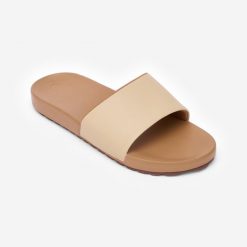 Klapki damskie Decathlon 550 Petal. Brązowe klapki damskie Decathlon, bez wzorów, z poliesteru, sportowe, bez obcasa, bez zapięcia. Za 79.99 zł.