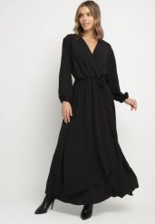 Czarna Kopertowa Asymetryczna Sukienka Koktajlowa z Wiskozą Ozdobiona Paskiem Lanoresa. Czarne sukienki damskie Born2be, na imprezę, xl, bez wzorów, z wiskozy, eleganckie, z asymetrycznym kołnierzem, bez ramiączek, maxi, asymetryczne. Za 99.99 zł.