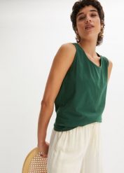 Długi top (2 szt.). Zielone topy damskie bonprix, bez wzorów, z bawełny, bez kołnierzyka, bez ramiączek. Za 72.99 zł.