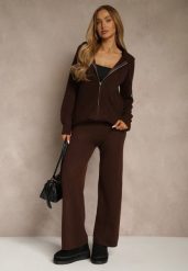 Brązowy Komplet z Wełną i Bawełną Rozpinana Bluza z Kapturem i Szerokie Spodnie Reisema. Brązowe bluzy damskie Renee, s, bez wzorów, z bawełny, klasyczne, bez ramiączek, z kapturem. Za 139.99 zł.