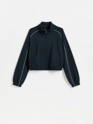 Bluza z kontrastową lamówką - granatowy. Niebieskie bluzy damskie Reserved, l, bez wzorów, z dzianiny, bez ramiączek, bez kaptura. Za 139.99 zł.