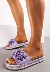 Fioletowe Klapki na Podeszwie z Nitami Zdobione Kwiatową Aplikacją Althala. Fioletowe klapki damskie Renee, na lato, z aplikacjami, eleganckie, bez obcasa, na płaskiej podeszwie, bez zapięcia. Za 74.99 zł.