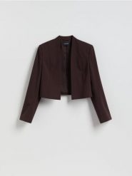 Krótka marynarka - brązowy. Brązowe marynarki i żakiety damskie Reserved, bez wzorów, z tkaniny, bez kołnierzyka, bez ramiączek. Za 169.99 zł.