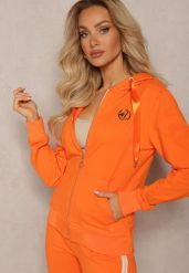 Pomarańczowa Bluza z Kapturem na Suwak z Metalową Aplikacją Jevase. Brązowe bluzy damskie Renee, xs, z aplikacjami, z jeansu, bez ramiączek, z kapturem. Za 79.99 zł.