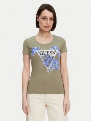 Guess T-Shirt W5GI08 J1314 Khaki Slim Fit. Brązowe t-shirty damskie Guess, xl, z aplikacjami, z bawełny, bez kołnierzyka, bez ramiączek. Za 119.99 zł.