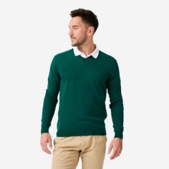 Sweter do golfa męski MW100 dekolt w serek. Zielone swetry męskie INESIS, l, bez wzorów, z bawełny, eleganckie, bez kołnierzyka, bez ramiączek. Za 69.99 zł.