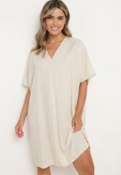Beżowa Bawełniana Sukienka o Pudełkowym Kroju z Dekoltem w Serek Vikonia. Brązowe sukienki damskie Born2be, na co dzień, plus size, bez wzorów, z bawełny, eleganckie, bez kołnierzyka, plus size, bez ramiączek, midi. Za 79.99 zł.