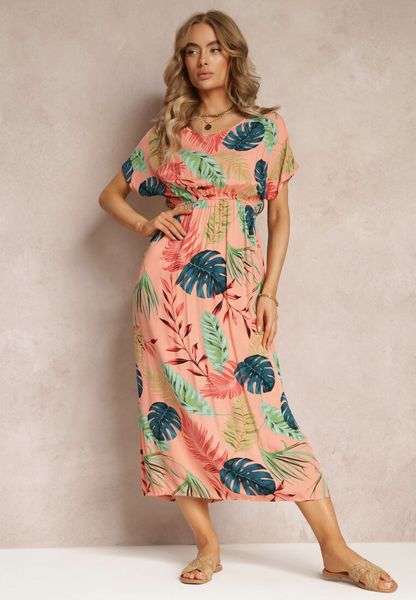 Różowa Sukienka z Wiskozy w Kwiaty i Gumką w Pasie Timnita. Czerwone sukienki damskie Renee, l, bez wzorów, z tkaniny, bez kołnierzyka, bez ramiączek, maxi. Za 49.99 zł.